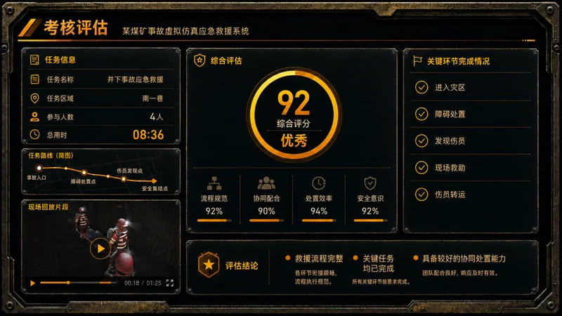 某煤矿事故虚拟仿真应急救援系统，过程数据汇总，支撑救援训练复盘